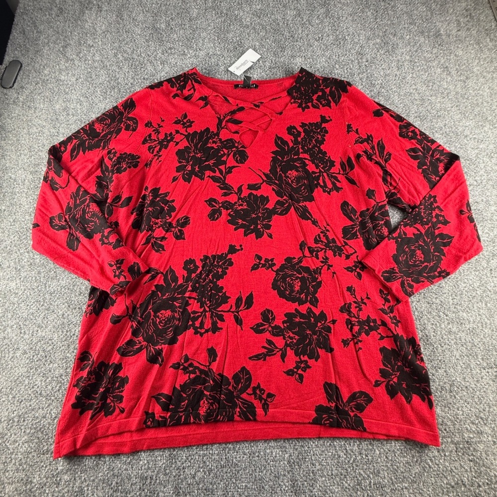 Dressbarn Womens 2X Red Black Floral Lattice V-Neck Long Sleeve Knit Top NEW